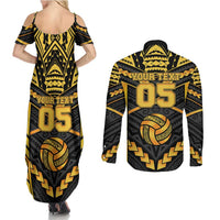 Custom Polynesia Beach Volleyball Couples Matching Summer Maxi Dress and Long Sleeve Button Shirt Gold Polynesian Tribal Pattern - Polynesian Pride