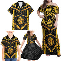 Custom Polynesia Beach Volleyball Family Matching Off Shoulder Maxi Dress and Hawaiian Shirt Gold Polynesian Tribal Pattern - Polynesian Pride