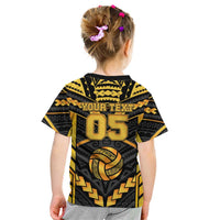 Custom Polynesia Beach Volleyball Kid T Shirt Gold Polynesian Tribal Pattern - Polynesian Pride