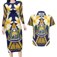 Personalised Nauru Independence Day Couples Matching Long Sleeve Bodycon Dress and Hawaiian Shirt Coat Of Arms With Plumeria LT05 Navy - Polynesian Pride