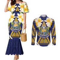 Personalised Nauru Independence Day Couples Matching Mermaid Dress and Long Sleeve Button Shirt Coat Of Arms With Plumeria LT05 Navy - Polynesian Pride