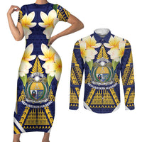 Personalised Nauru Independence Day Couples Matching Short Sleeve Bodycon Dress and Long Sleeve Button Shirt Coat Of Arms With Plumeria LT05 Navy - Polynesian Pride