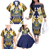 Personalised Nauru Independence Day Family Matching Off The Shoulder Long Sleeve Dress and Hawaiian Shirt Coat Of Arms With Plumeria LT05 - Polynesian Pride