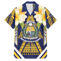 Personalised Nauru Independence Day Family Matching Summer Maxi Dress and Hawaiian Shirt Coat Of Arms With Plumeria LT05 Dad's Shirt - Short Sleeve Navy - Polynesian Pride
