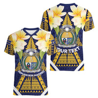 Personalised Nauru Independence Day Women V-Neck T-Shirt Coat Of Arms With Plumeria - Polynesian Pride