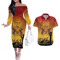 ANZAC Day Couples Matching Off The Shoulder Long Sleeve Dress and Hawaiian Shirt Australia And New Zealand Slouch Hats LT05 Yellow - Polynesian Pride