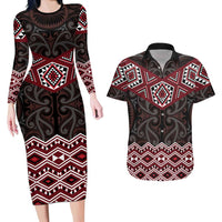 New Zealand Aotearoa Couples Matching Long Sleeve Bodycon Dress and Hawaiian Shirt Red Taniko Art Maori Pattern LT05 Red - Polynesian Pride