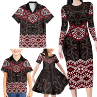 New Zealand Aotearoa Family Matching Long Sleeve Bodycon Dress and Hawaiian Shirt Red Taniko Art Maori Pattern LT05 - Polynesian Pride