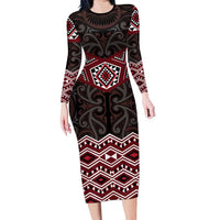 New Zealand Aotearoa Family Matching Long Sleeve Bodycon Dress and Hawaiian Shirt Red Taniko Art Maori Pattern LT05 Mom's Dress Red - Polynesian Pride