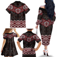 New Zealand Aotearoa Family Matching Off The Shoulder Long Sleeve Dress and Hawaiian Shirt Red Taniko Art Maori Pattern LT05 - Polynesian Pride