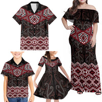 New Zealand Aotearoa Family Matching Off Shoulder Maxi Dress and Hawaiian Shirt Red Taniko Art Maori Pattern LT05 - Polynesian Pride