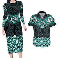 New Zealand Aotearoa Couples Matching Long Sleeve Bodycon Dress and Hawaiian Shirt Turquoise Taniko Art Maori Pattern LT05 Turquoise - Polynesian Pride