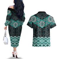 New Zealand Aotearoa Couples Matching Off The Shoulder Long Sleeve Dress and Hawaiian Shirt Turquoise Taniko Art Maori Pattern LT05 - Polynesian Pride