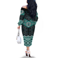 New Zealand Aotearoa Family Matching Off The Shoulder Long Sleeve Dress and Hawaiian Shirt Turquoise Taniko Art Maori Pattern LT05 - Polynesian Pride