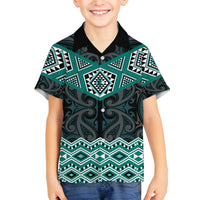 New Zealand Aotearoa Family Matching Off The Shoulder Long Sleeve Dress and Hawaiian Shirt Turquoise Taniko Art Maori Pattern LT05 Son's Shirt Turquoise - Polynesian Pride