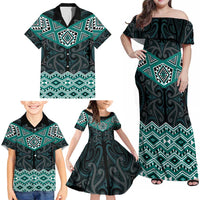 New Zealand Aotearoa Family Matching Off Shoulder Maxi Dress and Hawaiian Shirt Turquoise Taniko Art Maori Pattern LT05 - Polynesian Pride