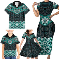 New Zealand Aotearoa Family Matching Short Sleeve Bodycon Dress and Hawaiian Shirt Turquoise Taniko Art Maori Pattern LT05 - Polynesian Pride