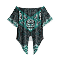 New Zealand Aotearoa Off Shoulder Wrap Waist Top Turquoise Taniko Art Maori Pattern LT05 Turquoise - Polynesian Pride