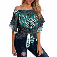 New Zealand Aotearoa Off Shoulder Wrap Waist Top Turquoise Taniko Art Maori Pattern LT05 - Polynesian Pride
