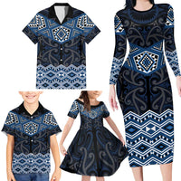 New Zealand Aotearoa Family Matching Long Sleeve Bodycon Dress and Hawaiian Shirt Blue Taniko Art Maori Pattern LT05 - Polynesian Pride