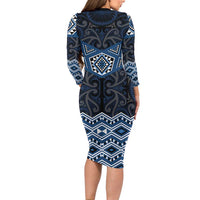 New Zealand Aotearoa Family Matching Long Sleeve Bodycon Dress and Hawaiian Shirt Blue Taniko Art Maori Pattern LT05 - Polynesian Pride