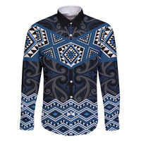 New Zealand Aotearoa Family Matching Off The Shoulder Long Sleeve Dress and Hawaiian Shirt Blue Taniko Art Maori Pattern LT05 Dad's Shirt - Long Sleeve Blue - Polynesian Pride