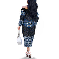 New Zealand Aotearoa Family Matching Off The Shoulder Long Sleeve Dress and Hawaiian Shirt Blue Taniko Art Maori Pattern LT05 - Polynesian Pride