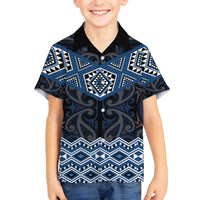 New Zealand Aotearoa Family Matching Off The Shoulder Long Sleeve Dress and Hawaiian Shirt Blue Taniko Art Maori Pattern LT05 Son's Shirt Blue - Polynesian Pride