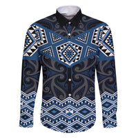 New Zealand Aotearoa Family Matching Off Shoulder Maxi Dress and Hawaiian Shirt Blue Taniko Art Maori Pattern LT05 Dad's Shirt - Long Sleeve Blue - Polynesian Pride