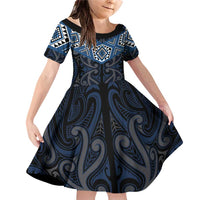 New Zealand Aotearoa Family Matching Off Shoulder Short Dress and Hawaiian Shirt Blue Taniko Art Maori Pattern LT05 Daughter's Dress Blue - Polynesian Pride