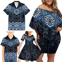 New Zealand Aotearoa Family Matching Off Shoulder Short Dress and Hawaiian Shirt Blue Taniko Art Maori Pattern LT05 - Polynesian Pride