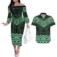 New Zealand Aotearoa Couples Matching Off The Shoulder Long Sleeve Dress and Hawaiian Shirt Green Taniko Art Maori Pattern LT05 Green - Polynesian Pride