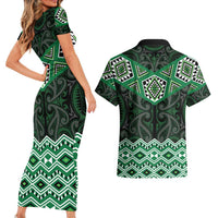 New Zealand Aotearoa Couples Matching Short Sleeve Bodycon Dress and Hawaiian Shirt Green Taniko Art Maori Pattern LT05 - Polynesian Pride