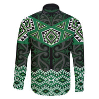 New Zealand Aotearoa Family Matching Off The Shoulder Long Sleeve Dress and Hawaiian Shirt Green Taniko Art Maori Pattern LT05 - Polynesian Pride