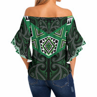New Zealand Aotearoa Off Shoulder Wrap Waist Top Green Taniko Art Maori Pattern LT05 - Polynesian Pride