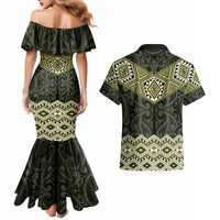 New Zealand Aotearoa Couples Matching Mermaid Dress and Hawaiian Shirt Yellow Taniko Art Maori Pattern LT05 - Polynesian Pride