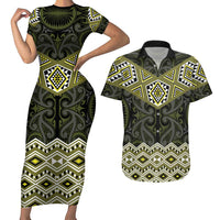 New Zealand Aotearoa Couples Matching Short Sleeve Bodycon Dress and Hawaiian Shirt Yellow Taniko Art Maori Pattern LT05 Yellow - Polynesian Pride