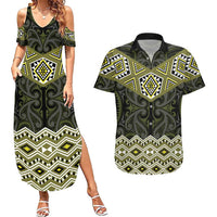 New Zealand Aotearoa Couples Matching Summer Maxi Dress and Hawaiian Shirt Yellow Taniko Art Maori Pattern LT05 Yellow - Polynesian Pride