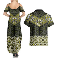 New Zealand Aotearoa Couples Matching Summer Maxi Dress and Hawaiian Shirt Yellow Taniko Art Maori Pattern LT05 - Polynesian Pride