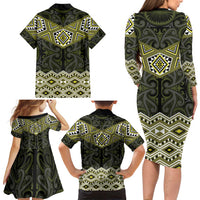New Zealand Aotearoa Family Matching Long Sleeve Bodycon Dress and Hawaiian Shirt Yellow Taniko Art Maori Pattern LT05 - Polynesian Pride