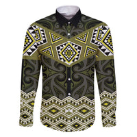 New Zealand Aotearoa Family Matching Off The Shoulder Long Sleeve Dress and Hawaiian Shirt Yellow Taniko Art Maori Pattern LT05 Dad's Shirt - Long Sleeve Yellow - Polynesian Pride