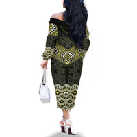 New Zealand Aotearoa Family Matching Off The Shoulder Long Sleeve Dress and Hawaiian Shirt Yellow Taniko Art Maori Pattern LT05 - Polynesian Pride