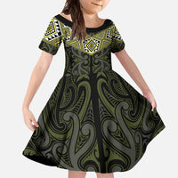 New Zealand Aotearoa Family Matching Short Sleeve Bodycon Dress and Hawaiian Shirt Yellow Taniko Art Maori Pattern LT05 Daughter's Dress Yellow - Polynesian Pride