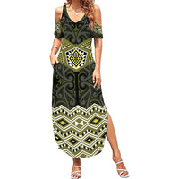 New Zealand Aotearoa Family Matching Summer Maxi Dress and Hawaiian Shirt Yellow Taniko Art Maori Pattern LT05 Mom's Dress Yellow - Polynesian Pride