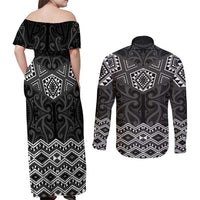 New Zealand Aotearoa Couples Matching Off Shoulder Maxi Dress and Long Sleeve Button Shirt Black Taniko Art Maori Pattern