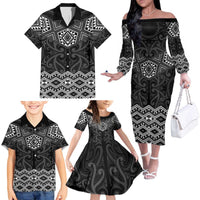 New Zealand Aotearoa Family Matching Off The Shoulder Long Sleeve Dress and Hawaiian Shirt Black Taniko Art Maori Pattern LT05 - Polynesian Pride