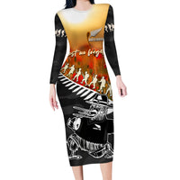New Zealand ANZAC Rugby Long Sleeve Bodycon Dress Soldier Fern With Kiwi Bird LT05 Long Dress Black - Polynesian Pride