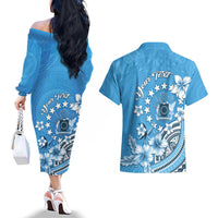 Personalised Penrhyn Gospel Day Couples Matching Off The Shoulder Long Sleeve Dress and Hawaiian Shirt Cook Islands Tribal Pattern