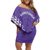 Custom Cook Islands Rarotonga Family Matching Off Shoulder Short Dress and Hawaiian Shirt Polynesian Tribal Tattoo LT05 Mom's Dress Purple - Polynesian Pride