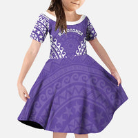 Custom Cook Islands Rarotonga Family Matching Short Sleeve Bodycon Dress and Hawaiian Shirt Polynesian Tribal Tattoo LT05 Daughter's Dress Purple - Polynesian Pride